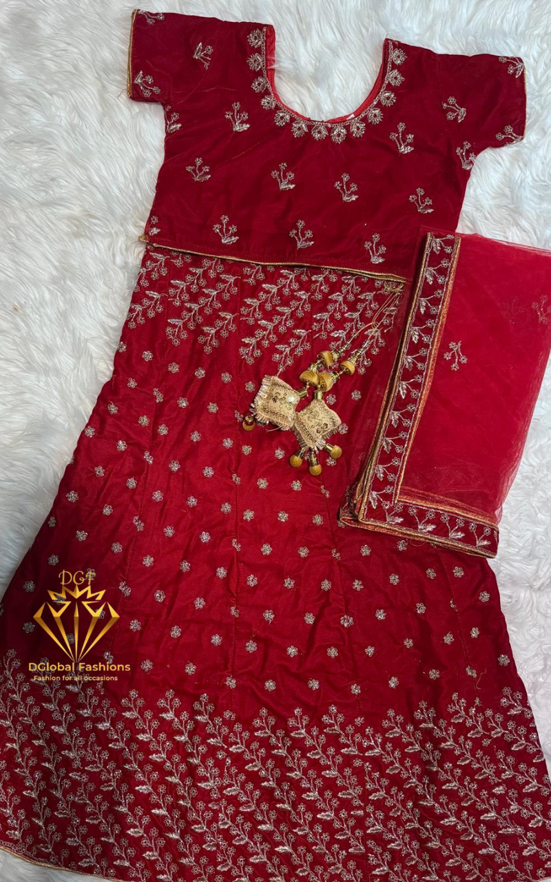 Red Velvet Embroidered Lehenga Set with Dupatta