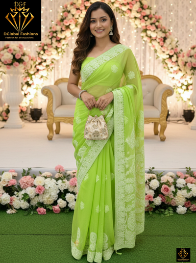 Lucknowi Chikankari Half Jaal Saree with Handwork