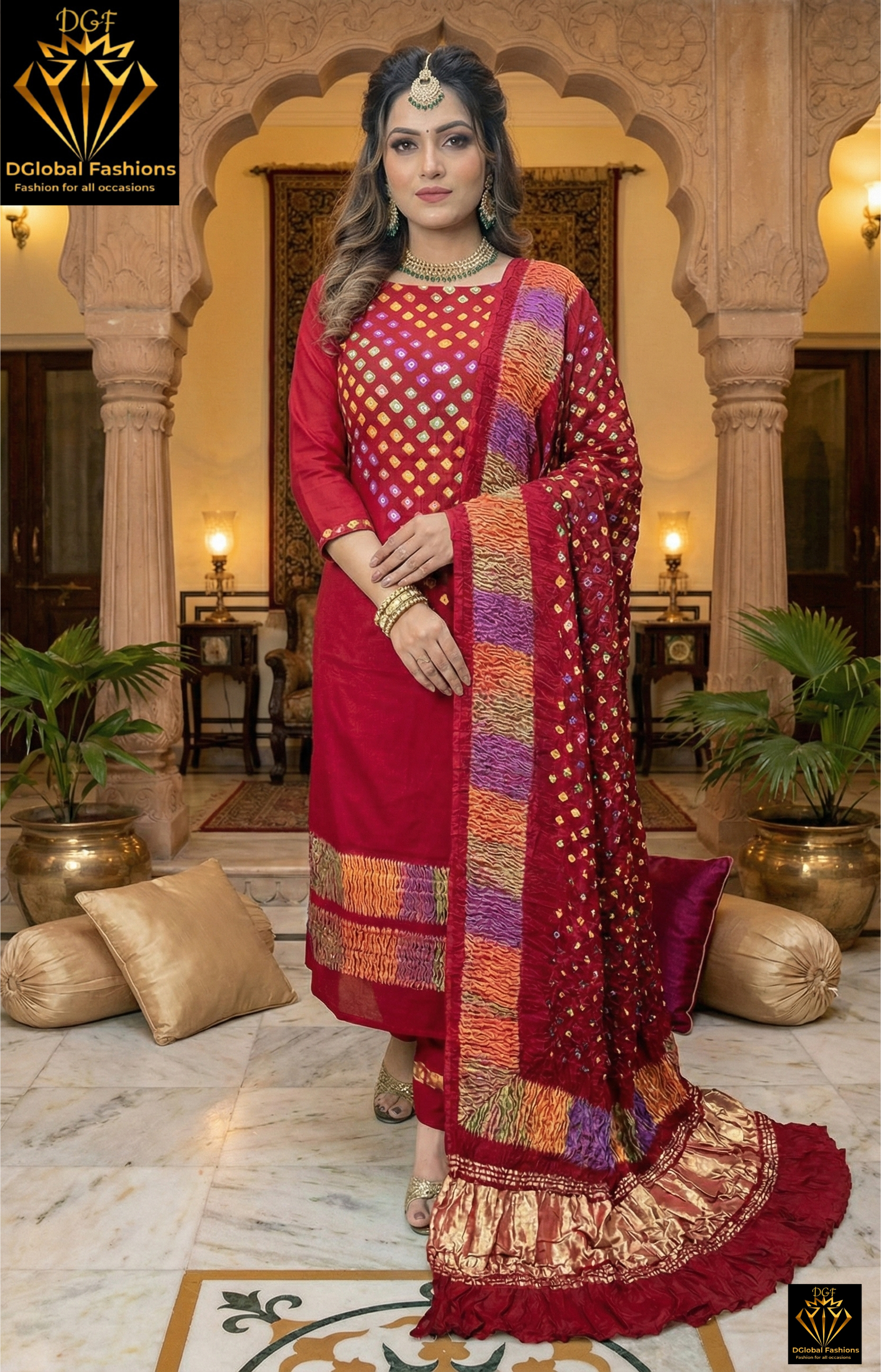 Hand-Dyed Lagdi Patta Modal Silk Suit Set with Multi Shibori & Multi Bandhej Dupatta