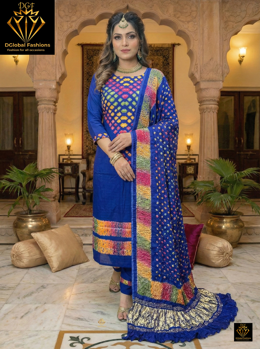 Hand-Dyed Lagdi Patta Modal Silk Suit Set with Multi Shibori & Multi Bandhej Dupatta
