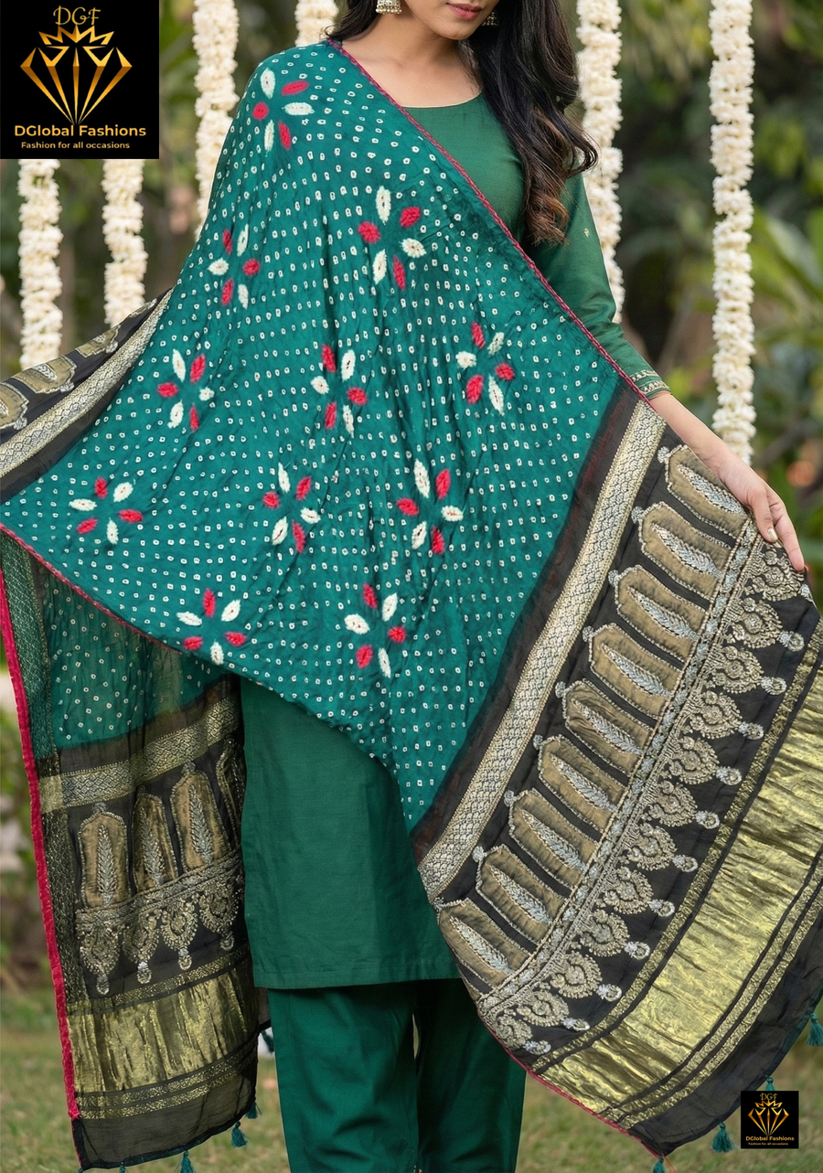 Bandhani with Hand Block Ajrakh (vegetable dye) Gajji Silk Dupatta
