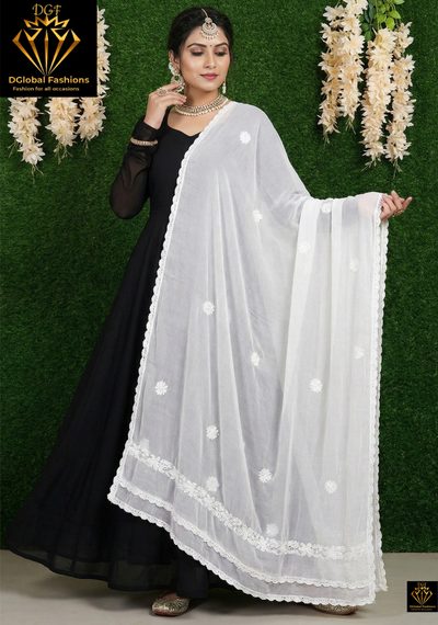 White Chiffon Lucknowi Chikankari Dupatta for Women