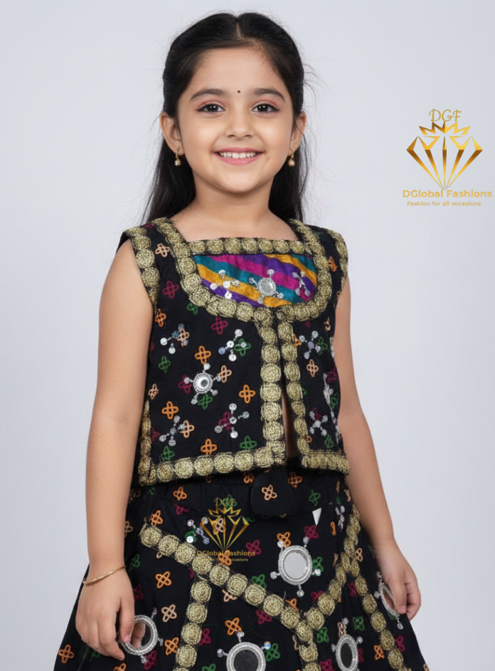 Traditional Mirror Work Embroidered Garba Chaniya Choli Set for Girls
