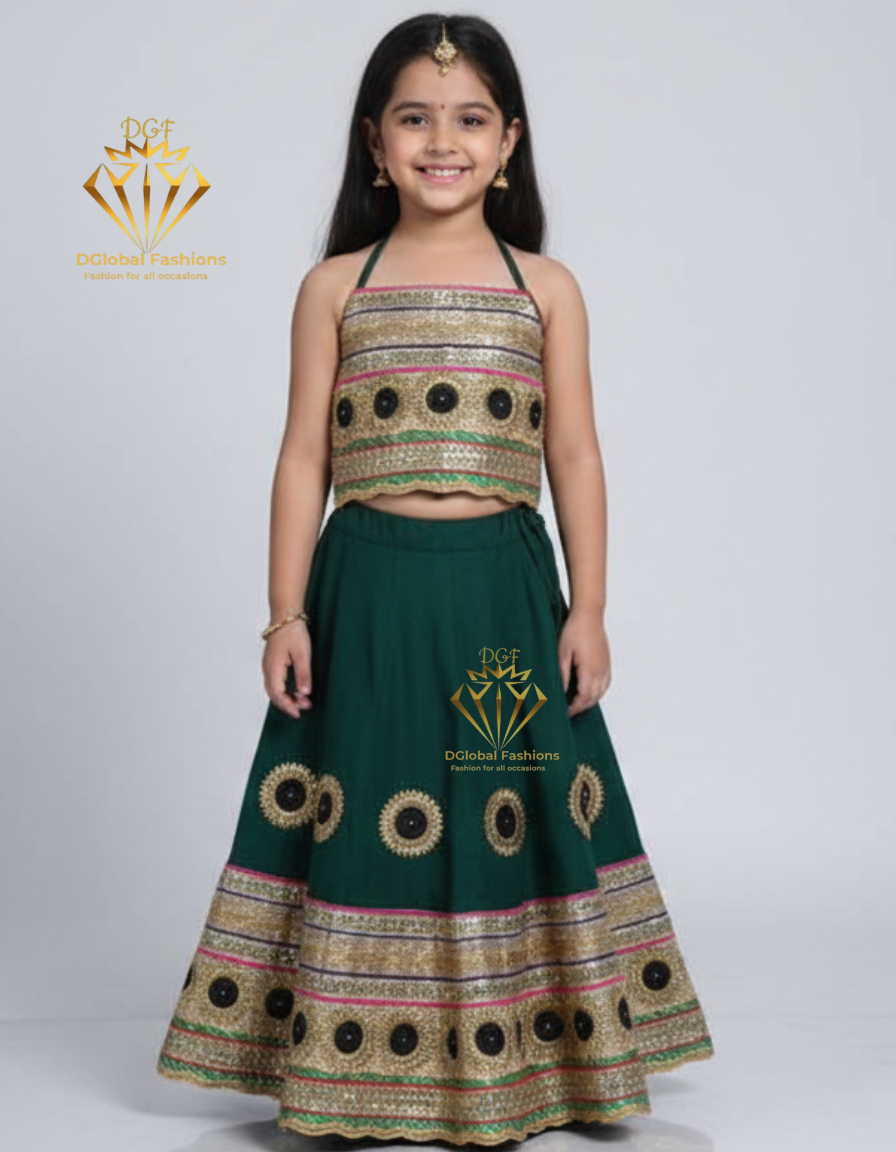 Traditional Green Embroidered Garba Chaniya Choli Set for Girls