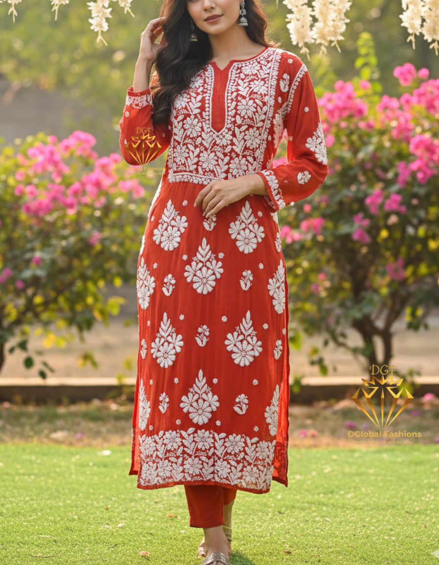 Lucknowi Chikankari Kurti Viscose Georgette 5D Chikankari