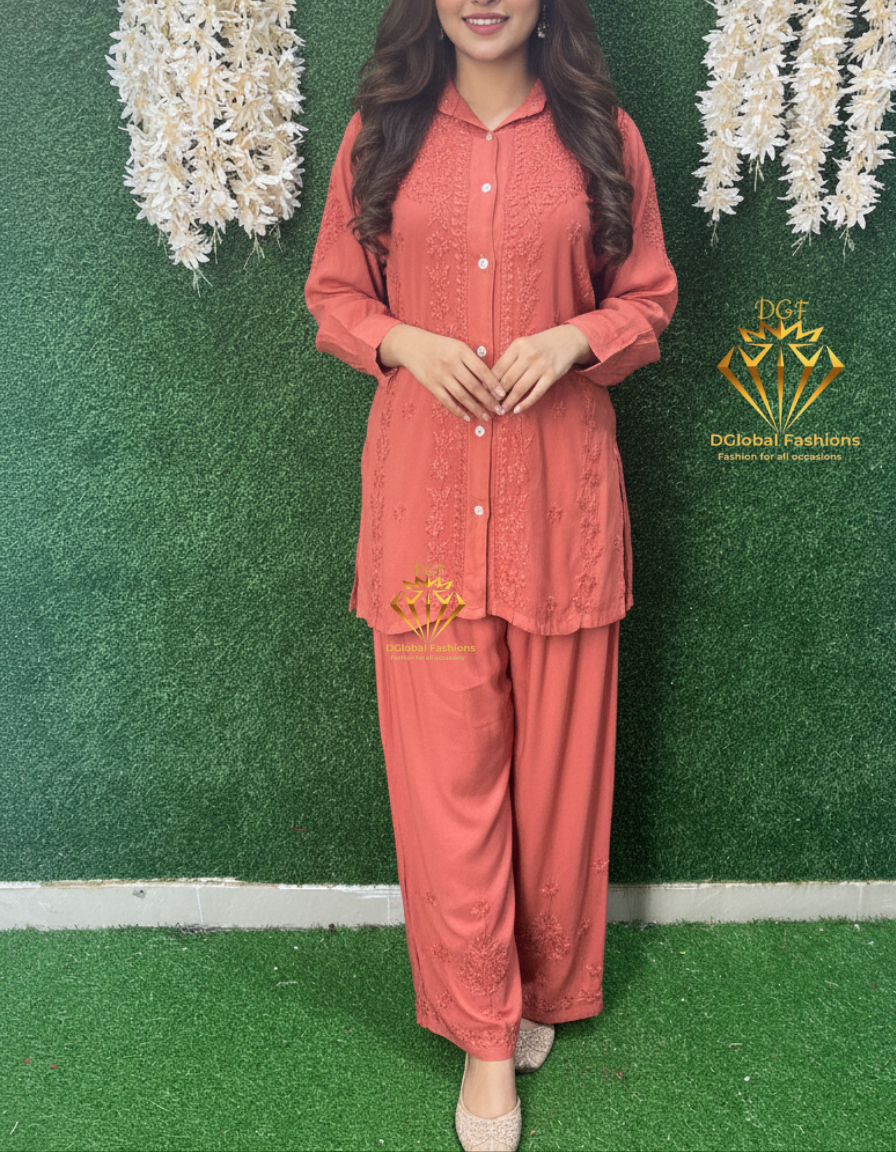 Lucknowi Chikankari Rayon Co-Ord Shirt Set
