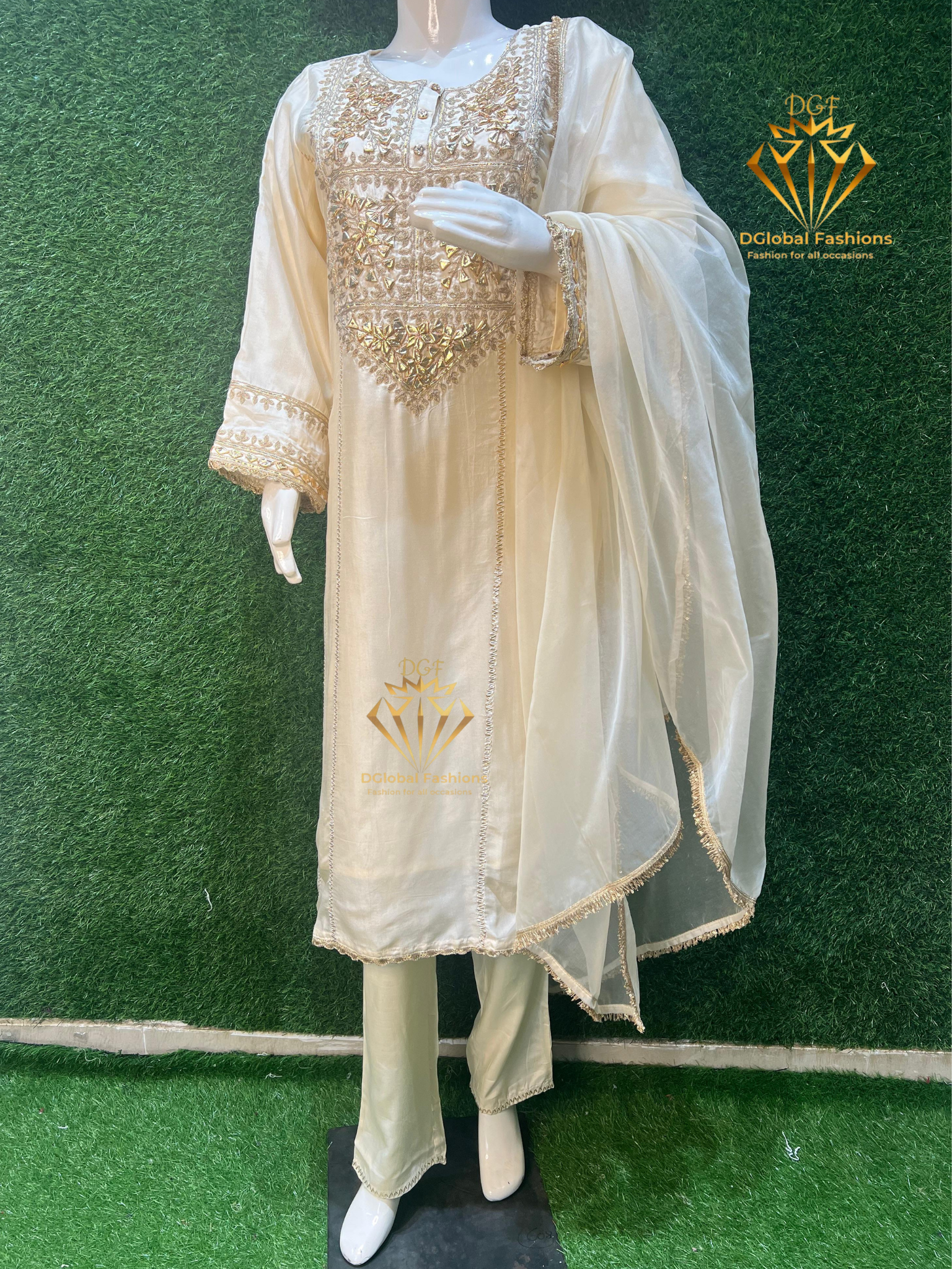 Tissue Shimmer Suit with Handcrafted Gota Patti Work – Elegant Festive & Party Wear Ensemble