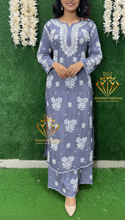Stylish Crepe Lucknowi Chikankari Kurta Set with Scalloped Border