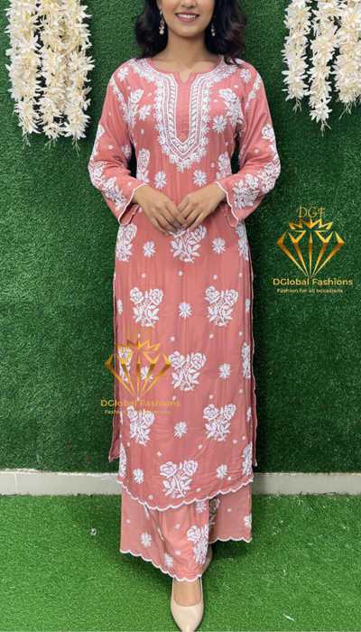 Stylish Crepe Lucknowi Chikankari Kurta Set with Scalloped Border