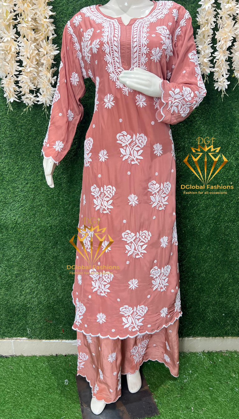 Stylish Crepe Lucknowi Chikankari Kurta Set with Scalloped Border