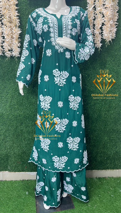 Stylish Crepe Lucknowi Chikankari Kurta Set with Scalloped Border