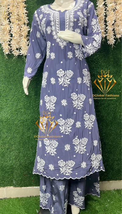 Stylish Crepe Lucknowi Chikankari Kurta Set with Scalloped Border