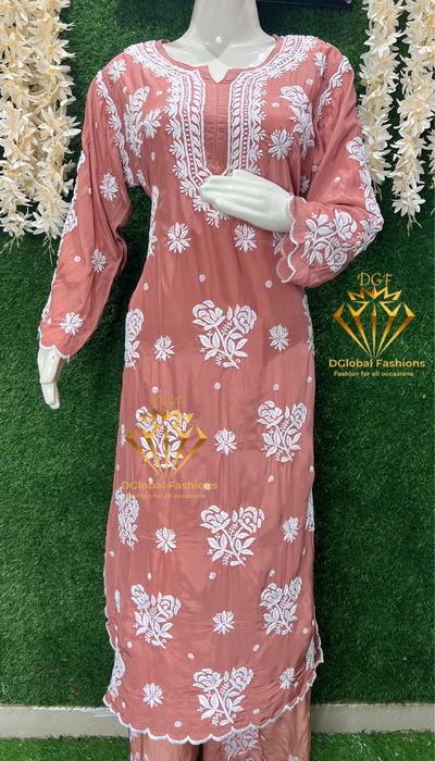 Stylish Crepe Lucknowi Chikankari Kurta Set with Scalloped Border