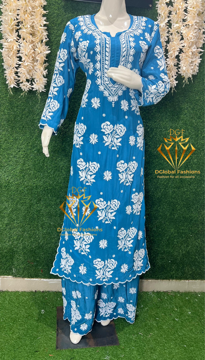Stylish Crepe Lucknowi Chikankari Kurta Set with Scalloped Border