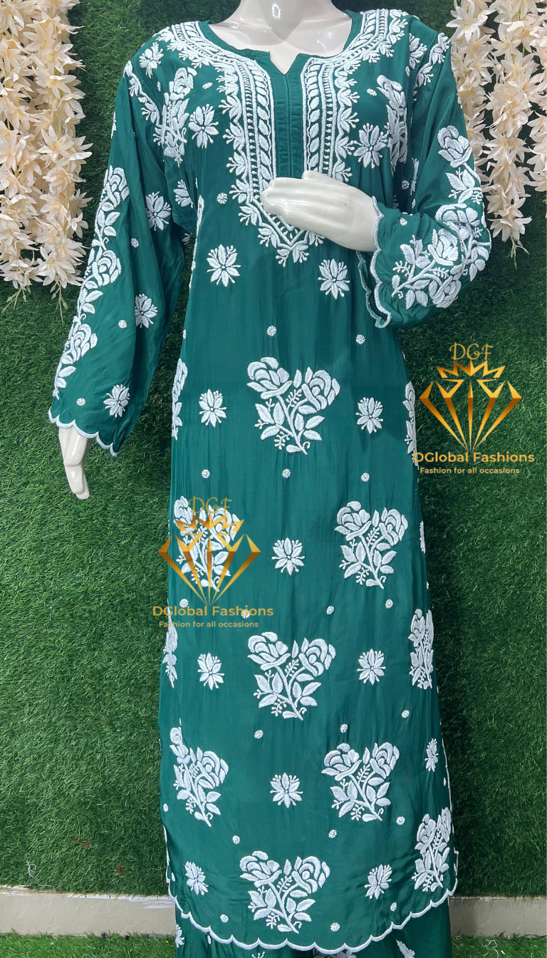 Stylish Crepe Lucknowi Chikankari Kurta Set with Scalloped Border