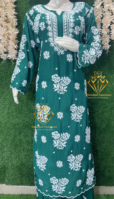 Stylish Crepe Lucknowi Chikankari Kurta Set with Scalloped Border
