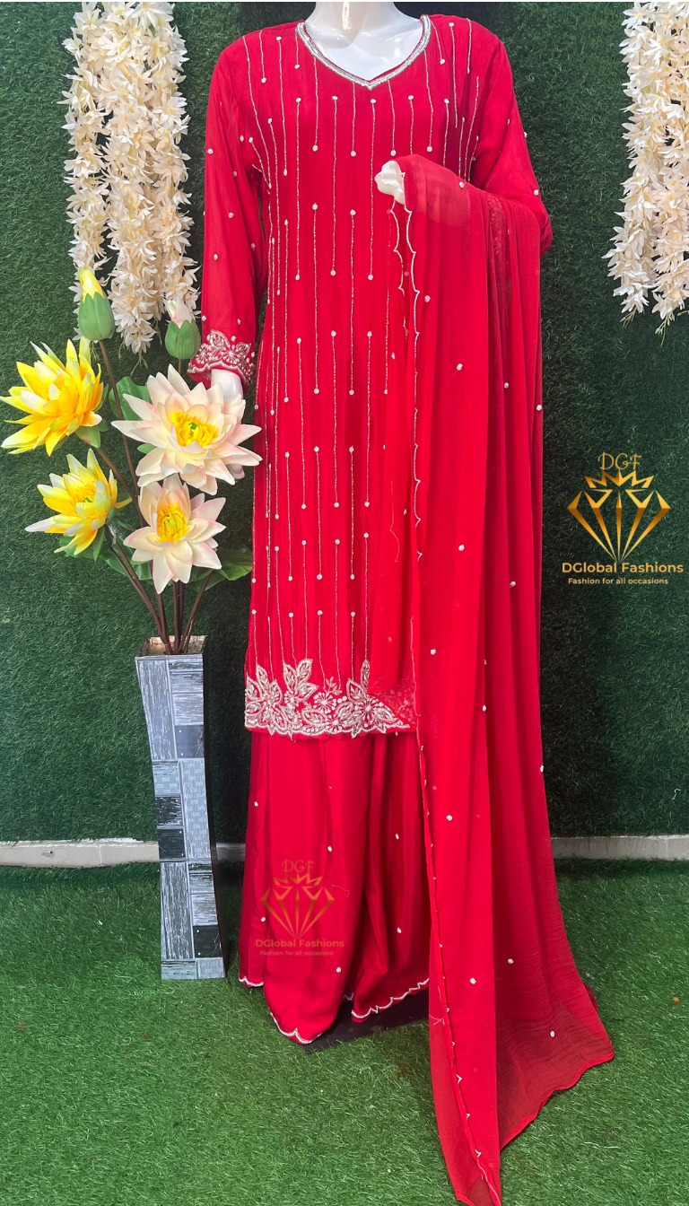 Hand-Embroidered Crepe Palazzo Suit with Pearl & Cutdana Detailing