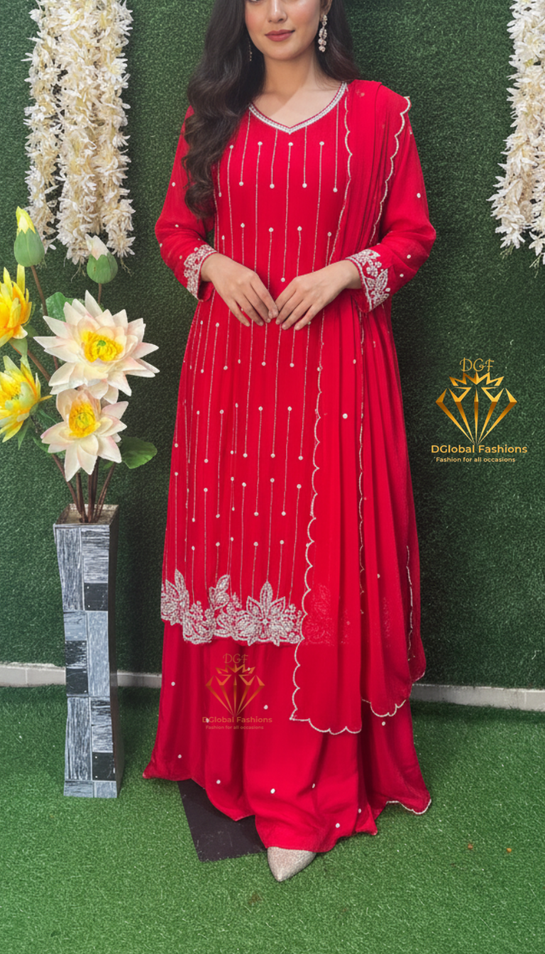 Hand-Embroidered Crepe Palazzo Suit with Pearl & Cutdana Detailing