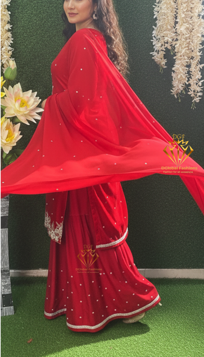Red Handcrafted Crepe Palazzo Set with Zardozi & Cutdana Embroidery