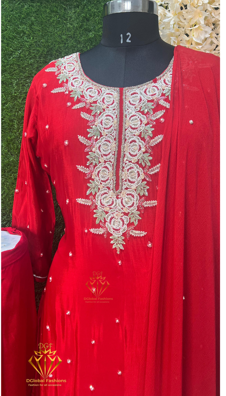 Red Handcrafted Crepe Palazzo Set with Zardozi & Cutdana Embroidery