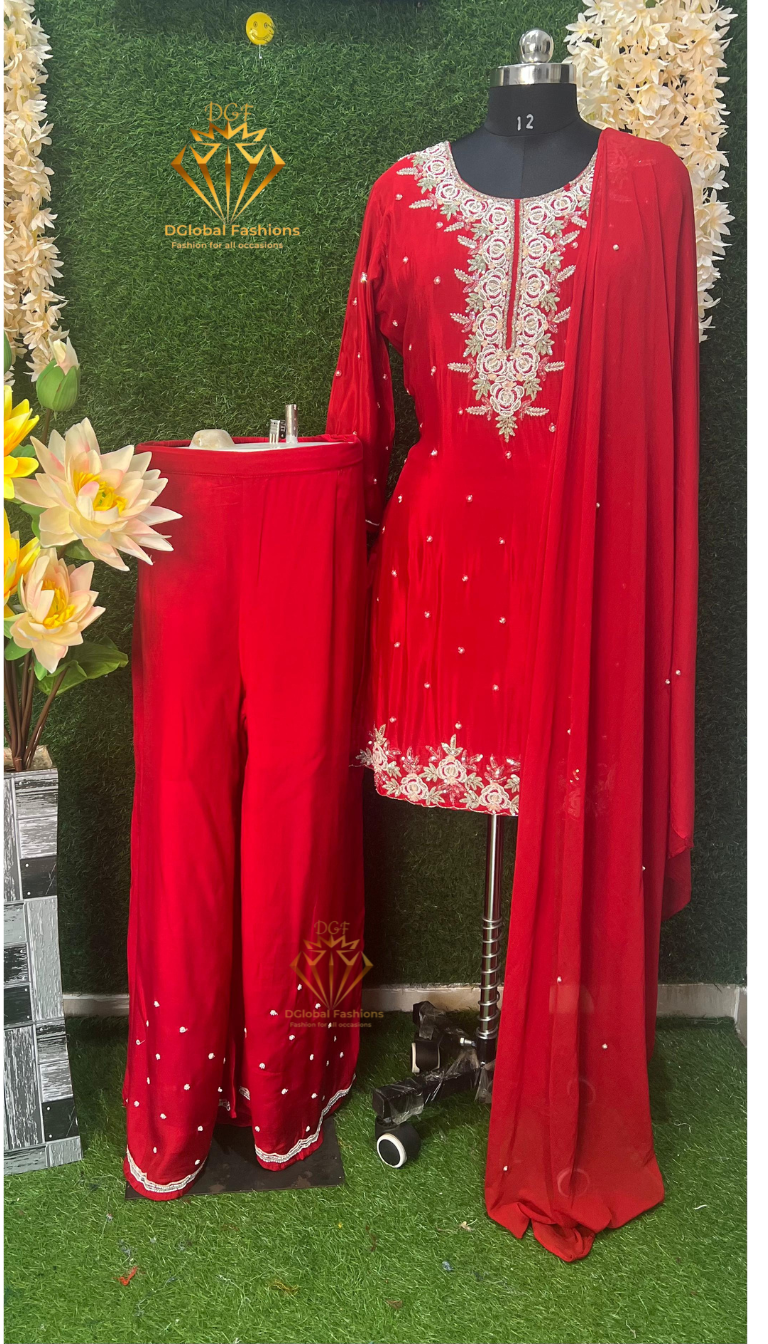 Red Handcrafted Crepe Palazzo Set with Zardozi & Cutdana Embroidery