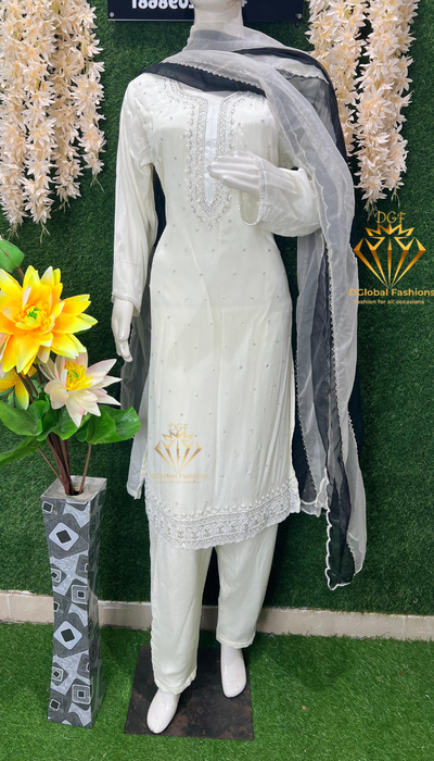 Off-White Straight Pant Suit with Pearl & Cutdana Embellished Kurta and Dupatta