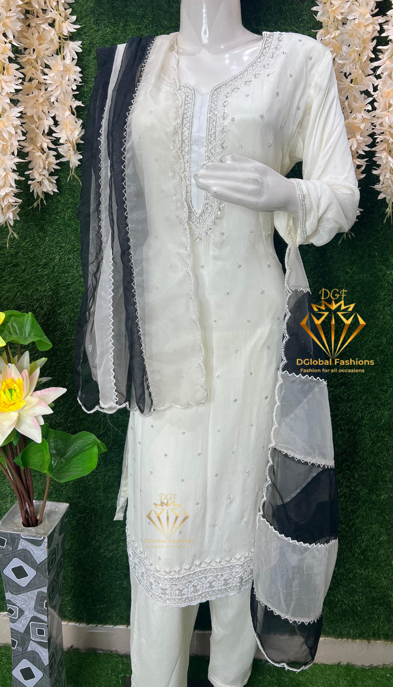Off-White Straight Pant Suit with Pearl & Cutdana Embellished Kurta and Dupatta