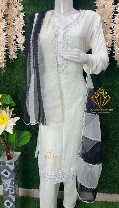 Off-White Straight Pant Suit with Pearl & Cutdana Embellished Kurta and Dupatta