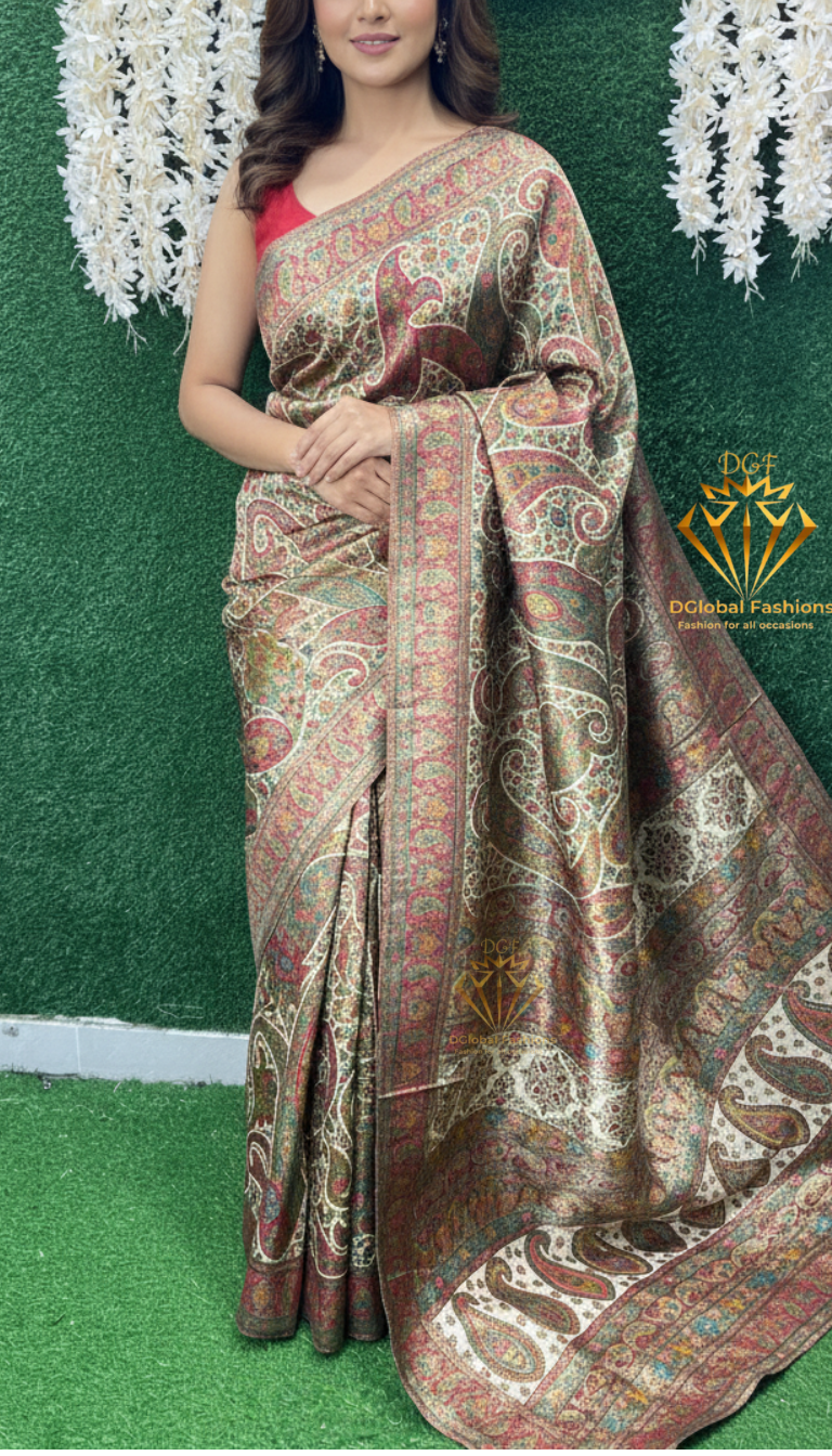 Banarasi Pashmina Embossed Katan Silk Saree with Rich Woven Pallu