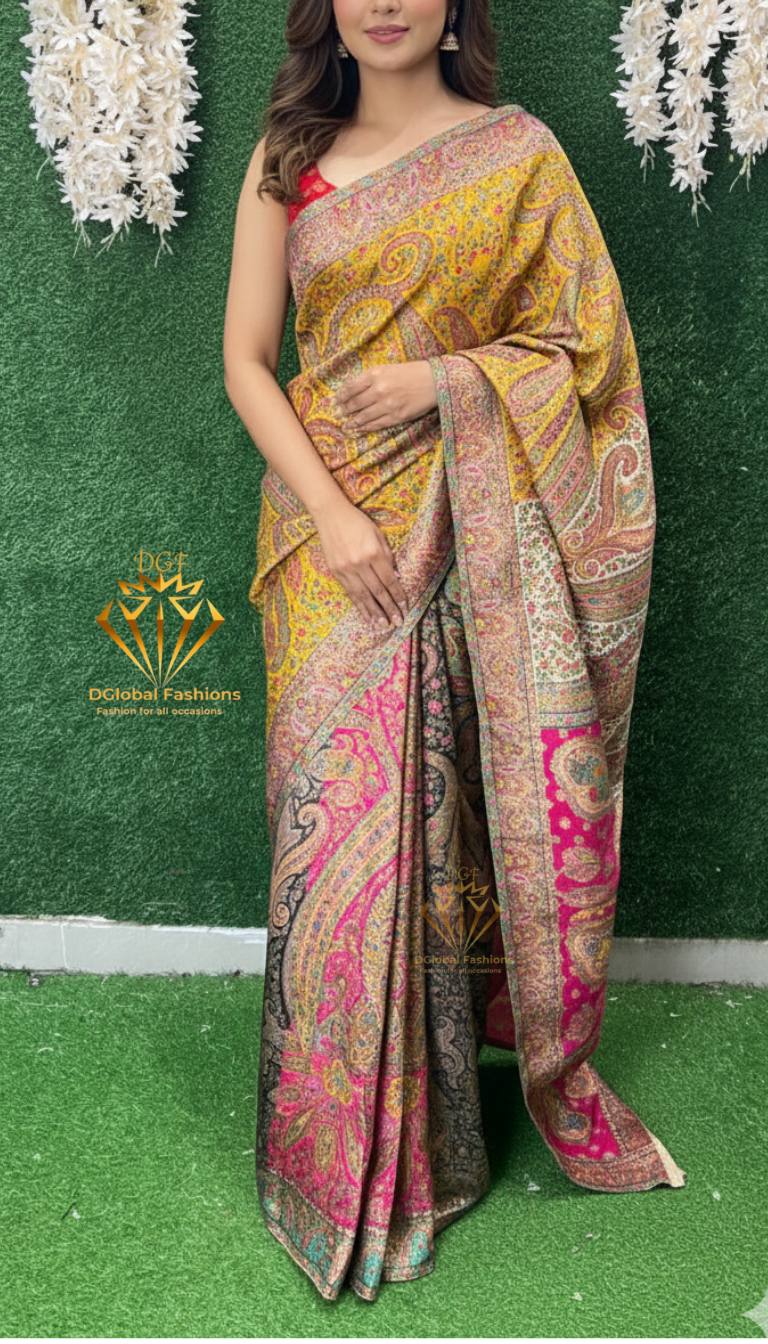 Banarasi Pashmina Embossed Katan Silk Saree with Rich Woven Pallu