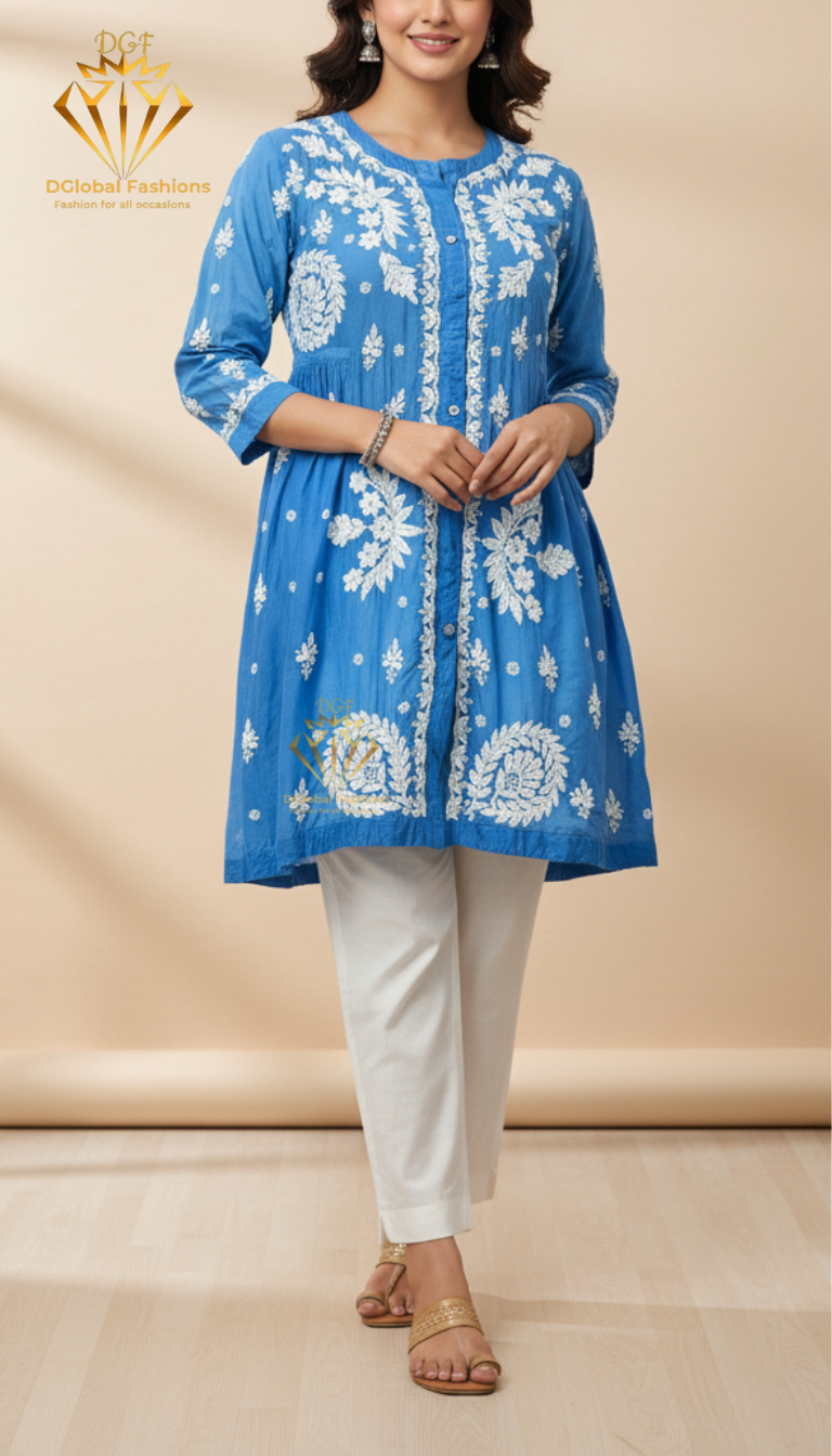 Lucknowi Chikankari Ombre Muslin Short Top with 3D Chikankari