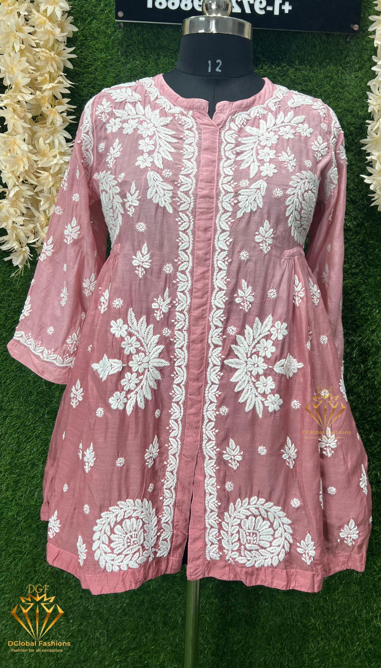 Lucknowi Chikankari Ombre Muslin Short Top with 3D Chikankari