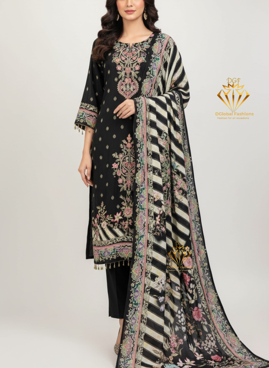 Crepe Printed Suit Set with Handcrafted Detailing & Chinnon Dupatta