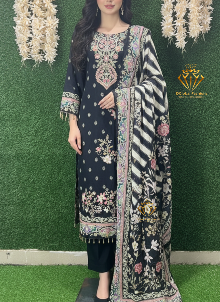 Crepe Printed Suit Set with Handcrafted Detailing & Chinnon Dupatta