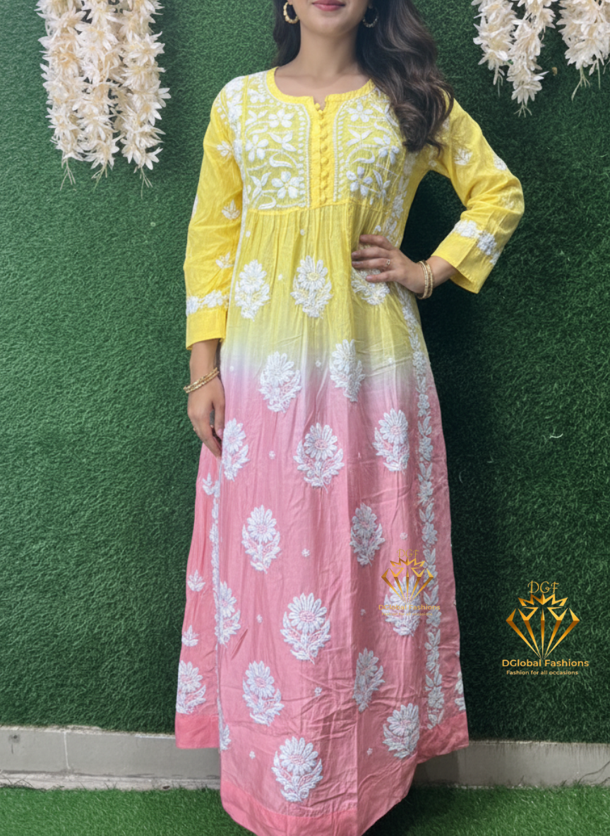 Nayra Ombre Kurti with 3D Handwork & Chikankari Embroidery