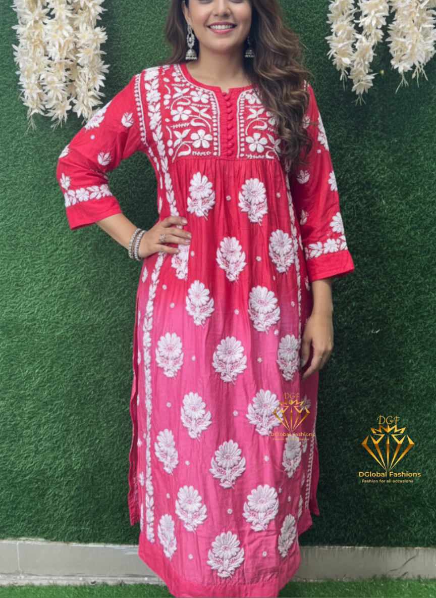 Nayra Ombre Kurti with 3D Handwork & Chikankari Embroidery