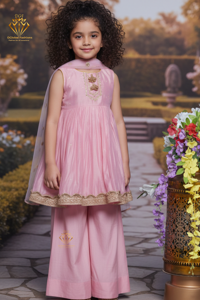 Chanderi Cotton Kurta Frock Set with Palazzo & Dupatta – Boota, Lace & Tassel Work