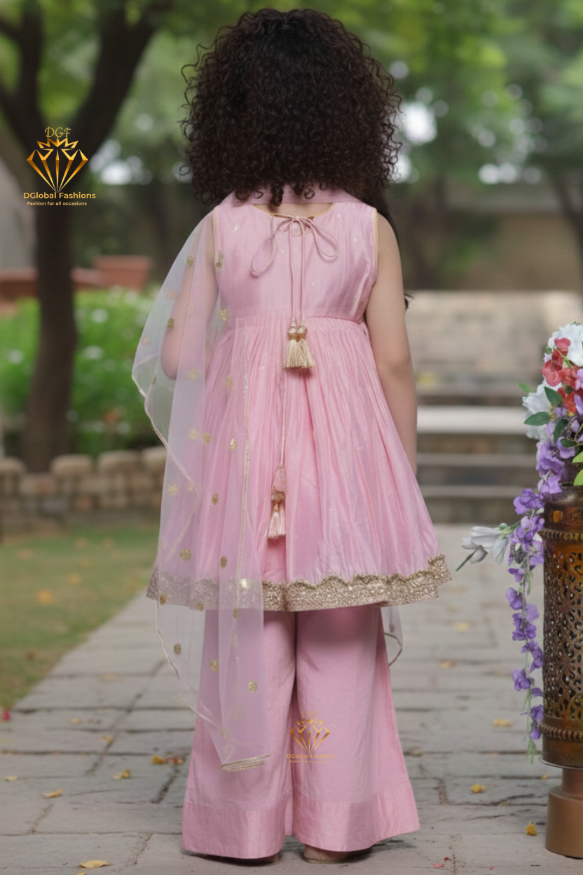 Chanderi Cotton Kurta Frock Set with Palazzo & Dupatta – Boota, Lace & Tassel Work