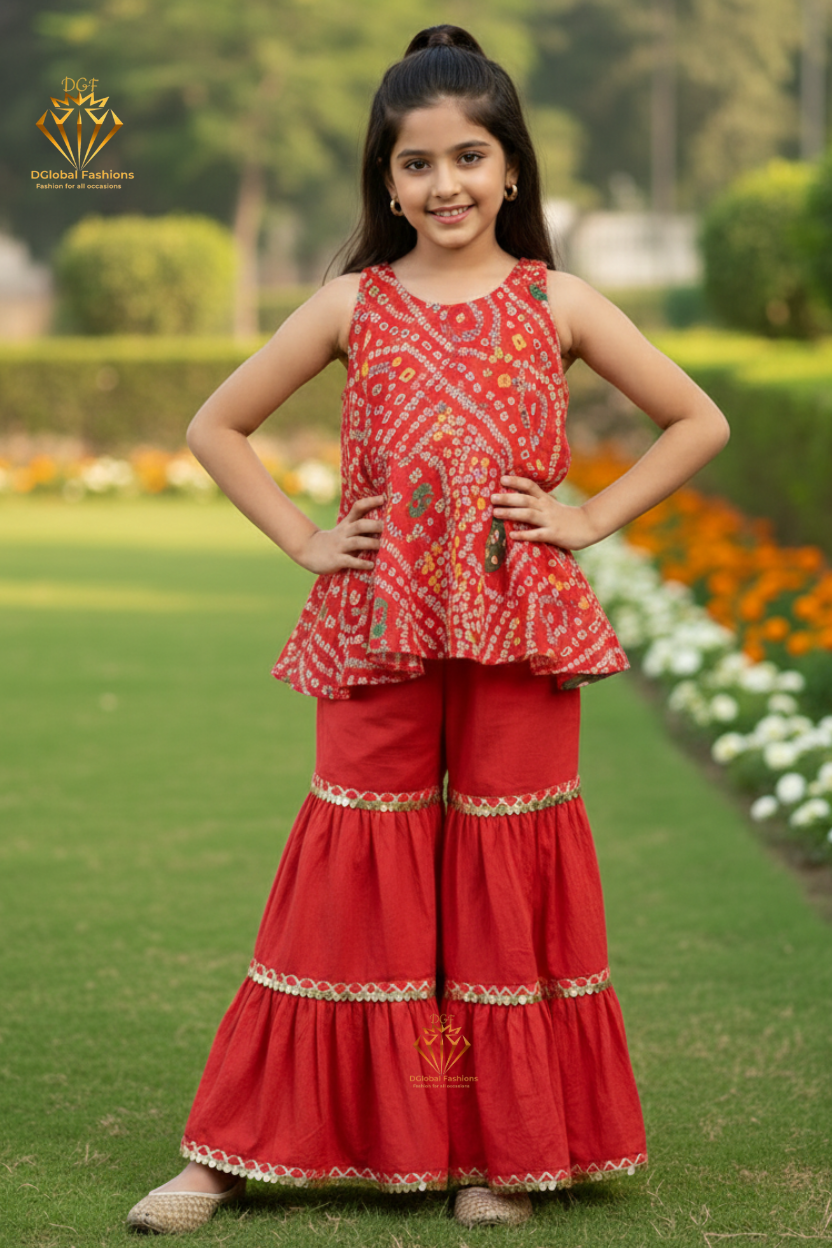 Red Bandhani Kurta & Sharara Set — 2-Piece Festive Ensemble