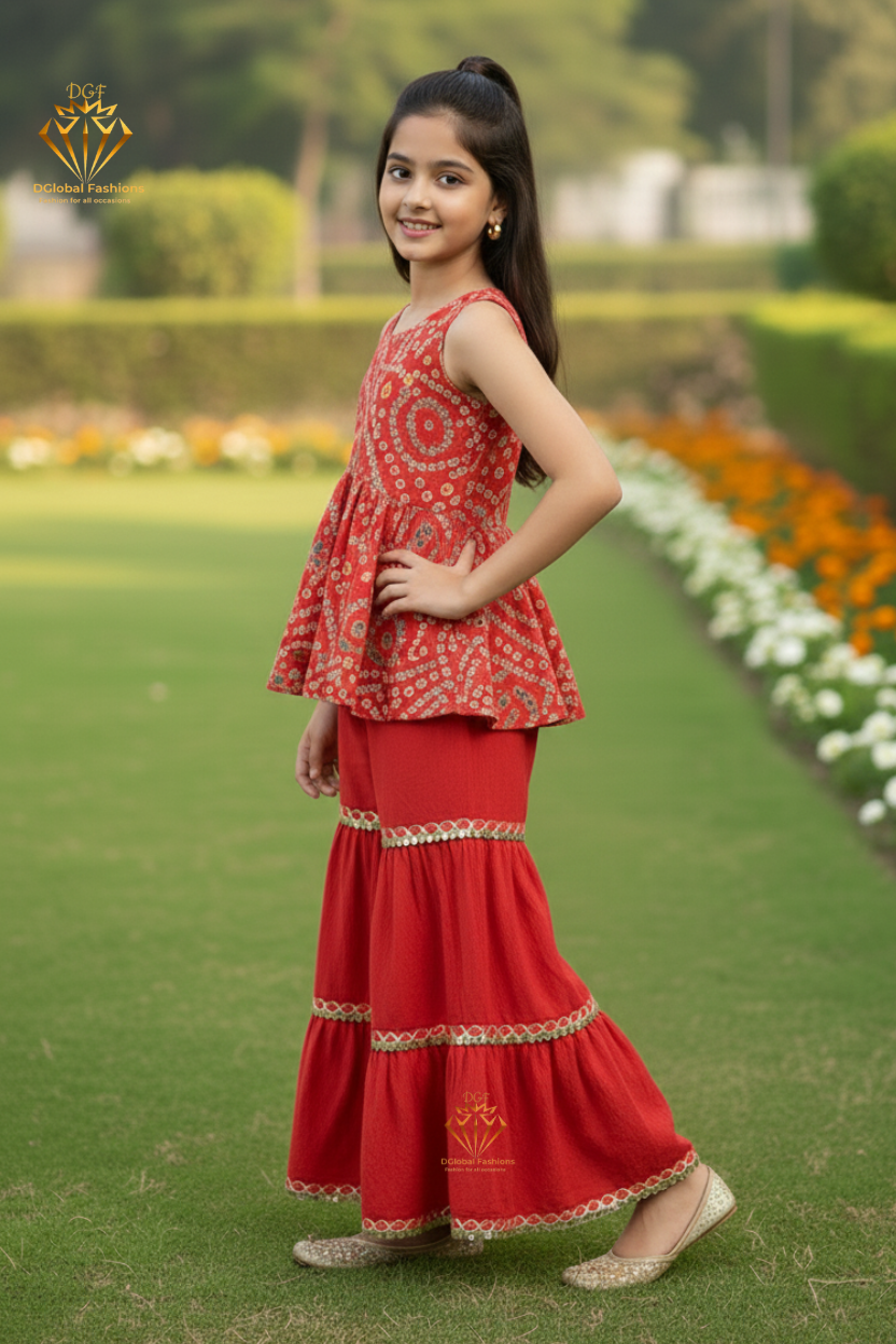 Red Bandhani Kurta & Sharara Set — 2-Piece Festive Ensemble