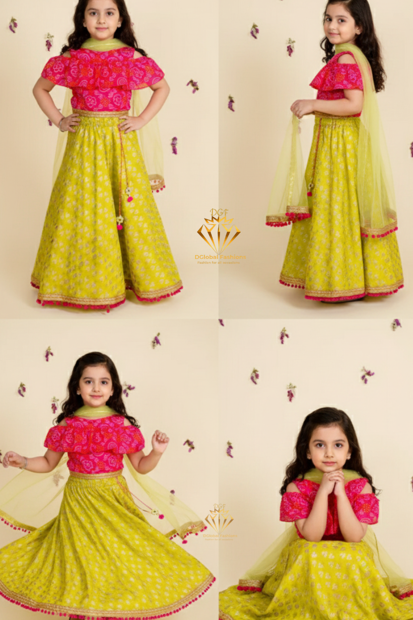 Green & Pink Printed Lehenga Choli Set with Dupatta — Ready-to-Wear Elegant Ensemble