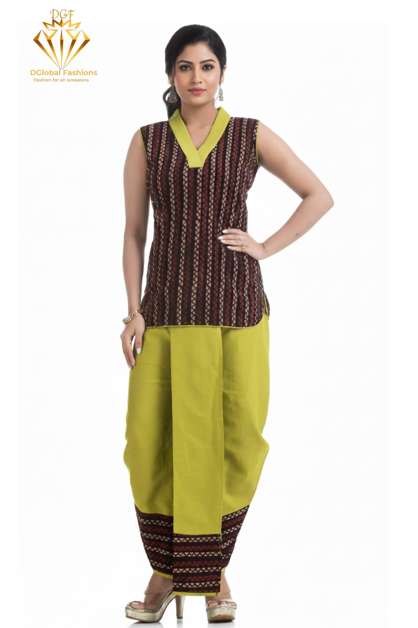 Green Pleated Dhoti with Hand Block Ajrakh Top