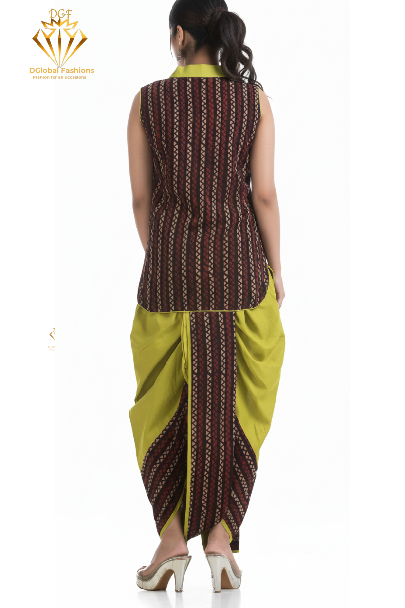 Green Pleated Dhoti with Hand Block Ajrakh Top