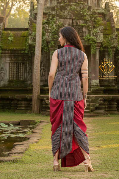 Women's Maroon Dhoti With Handblock Ajrakh  Top
