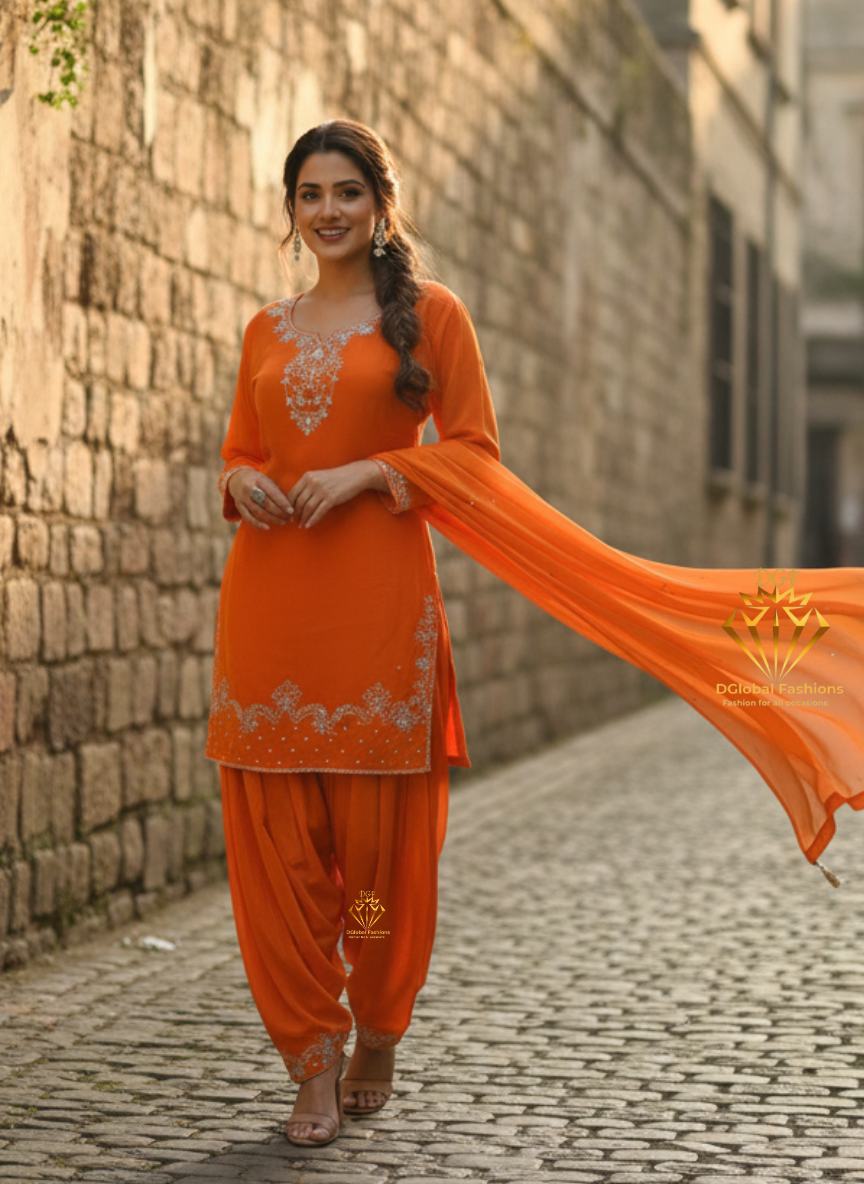 Orange Crepe Zardozi Farshi Suit Set with Top & Chiffon Dupatta