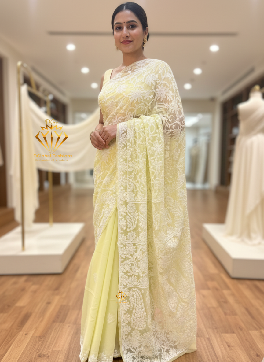 Georgette Lucknowi Chikankari Half jaal Saree with Blouse Ready-to-Wear Saree