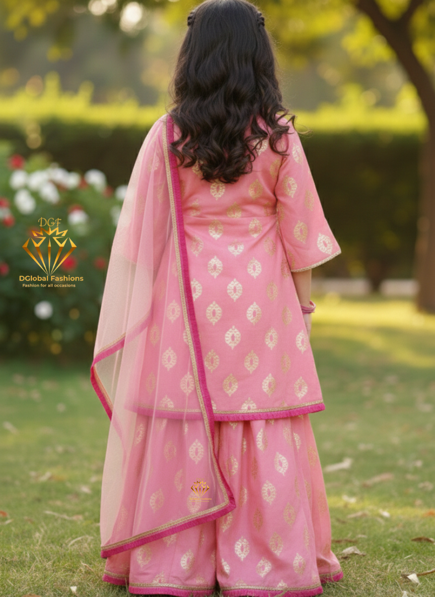 Peach Foil Printed Lehenga Choli with Lace Work & Net Dupatta