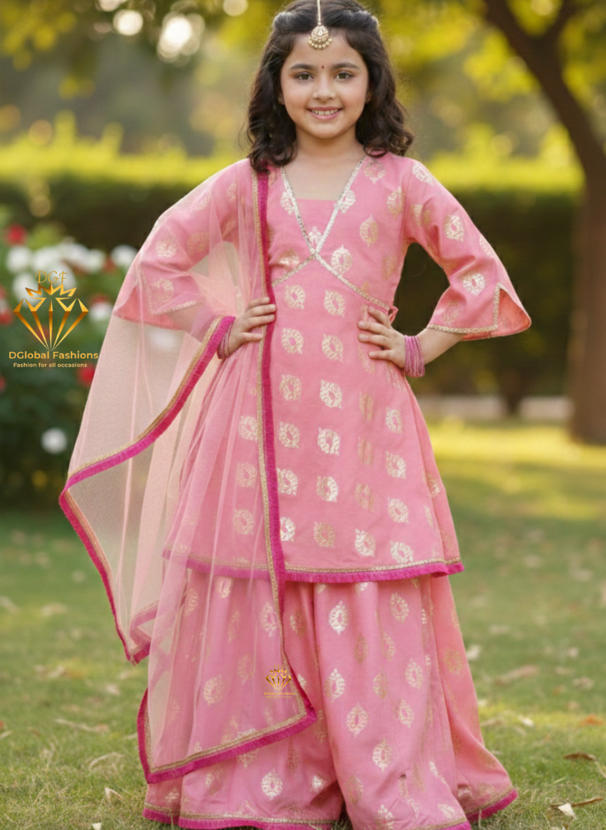 Peach Foil Printed Lehenga Choli with Lace Work & Net Dupatta