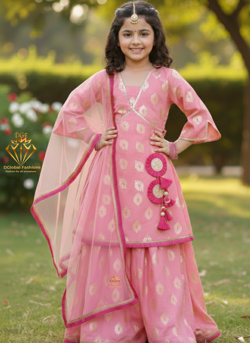 Peach Foil Printed Lehenga Choli with Lace Work & Net Dupatta