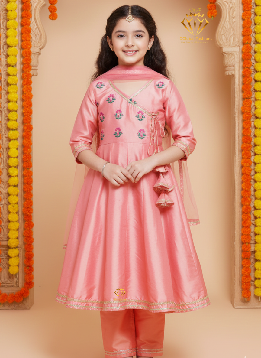 Girls Embroidered Angrakha Kurta with Trousers & Dupatta
